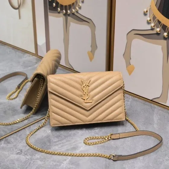 YSL Cassandre Envelope Chain Wallet Beige Woc