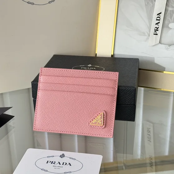 Prada Saffiano Triangle Logo Card Holder Pink Card Holder