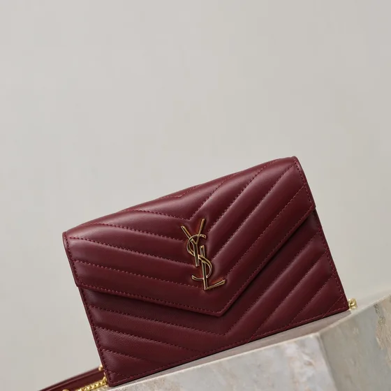 YSL Cassandre Matelass Envelope Chain Wallet Burgundy Woc