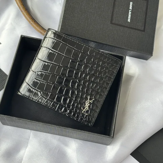 YSL Tiny Cassandre East West Wallet In Crocodile Embossed Leathe Black Wallet