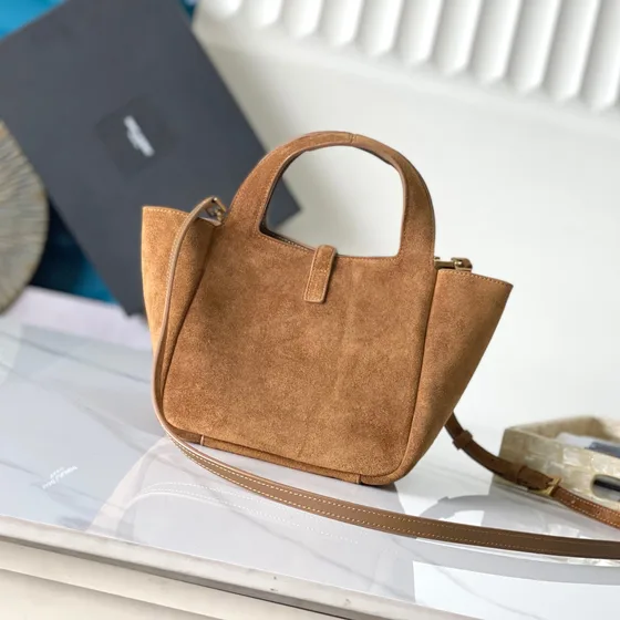 YSL Le Fermoir Small Tote Caramel Kulit suede Top Handle