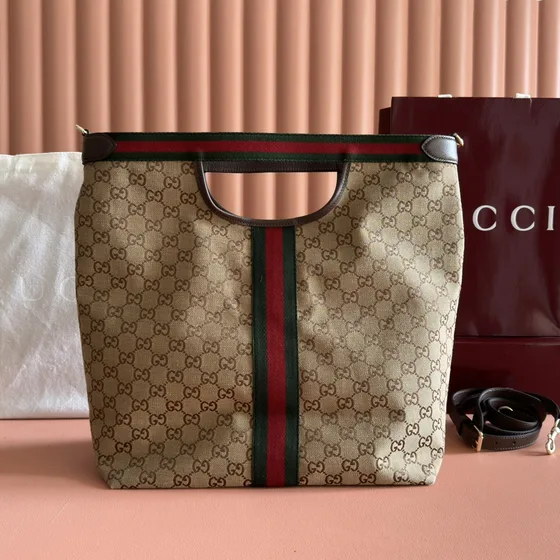 Gucci Gg Canvas Web Cut-Out Handle Tote Bag With Pouch Beige Brown Green Red Tote Bag
