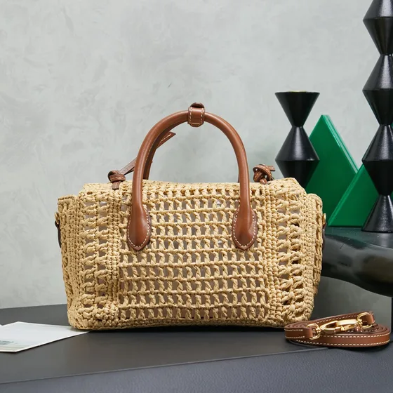 Miu Miu Crochet Raffia Top Handle Bag Beige Brown Top Handle
