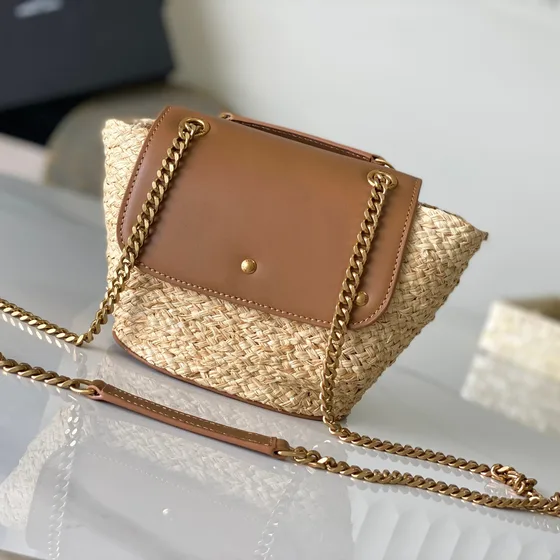 YSL Kate Raffia Chain Bag Natural Beige/Coklat Shoulder Bag