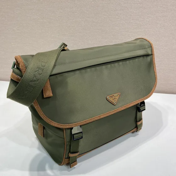 Prada Nylon Messenger Bag With Leather Trim Military Green Crossbody