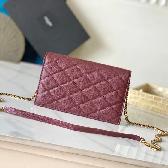 YSL Cassandre Matelassé Envelope Chain Wallet Merah anggur Woc