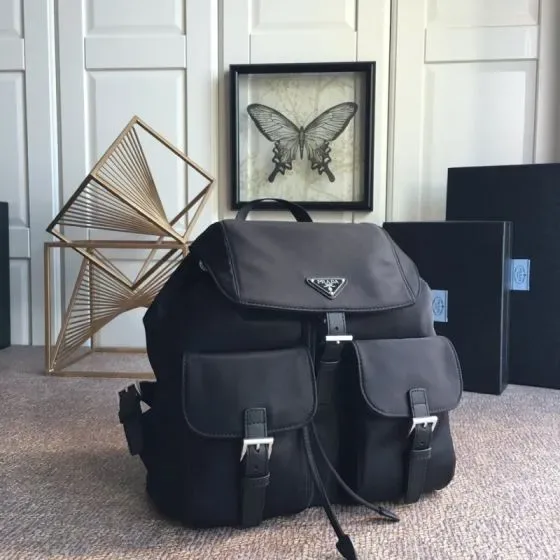 Prada Nylon Backpack With Double Front Pockets Black Backpack