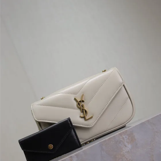 YSL Cassandre Matelass Envelope Chain Wallet Cream White Crossbody