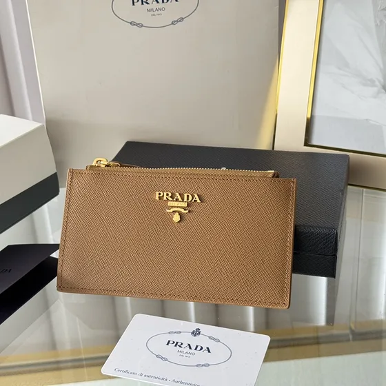 Prada Saffiano Leather Zip Card Holder Caramel Brown Card Holder
