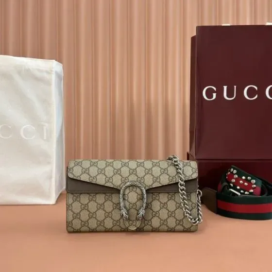 Gucci Dionysus Gg Supreme Chain Wallet Beige Brown Crossbody