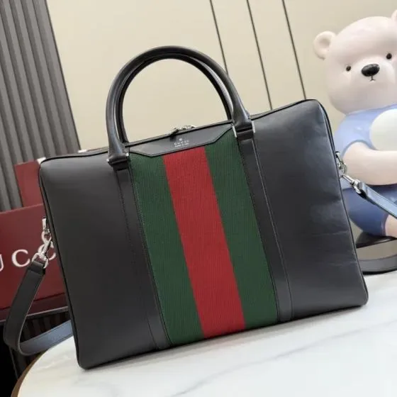 Gucci Web Detail Leather Briefcase Black Top Handle