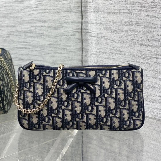 Dior Oblique Romantique Bow Chain Necessaire Azul-marinho Azul Bege Crossbody