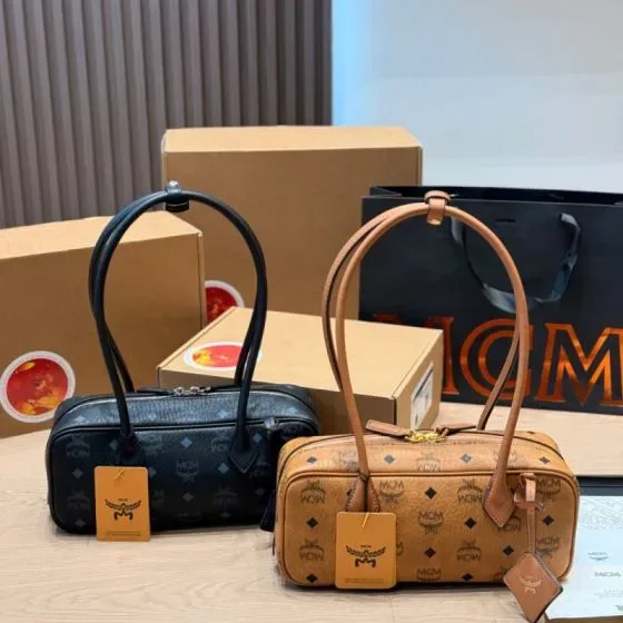 MCM Aren Boston Bag In Visetos Cognac Shoulder Bag