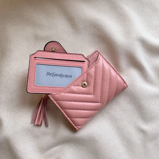 YSL Gaby Quilted Piel de cordero Zip Card Case With Tassel Rosa Card Holder