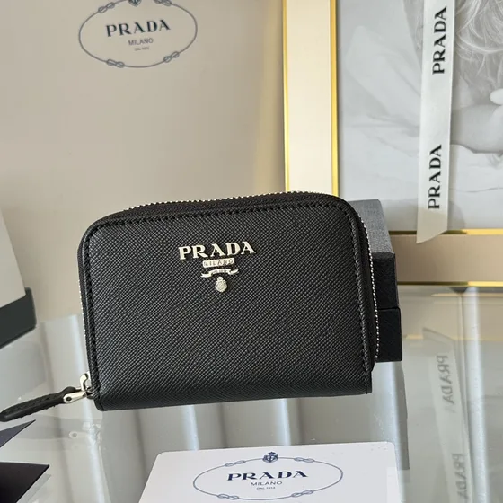 Prada Saffiano Zip Card Holder Black Card Holder