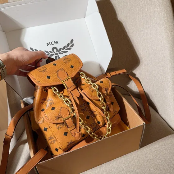 MCM Visetos Chain Backpack Cognac Brown Backpack
