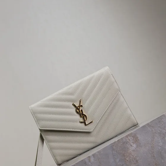 YSL Cassandre Matelass Envelope Wallet On Chain White Woc
