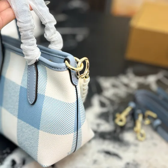 Coach Mini City Tote Light Blå/Hvid Gingham Shoppertasketur