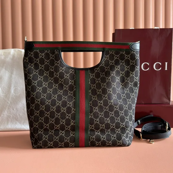 Gucci Gg Tela Web Strap Tote With Portaoggetti Marrone/Beige Borsa tote
