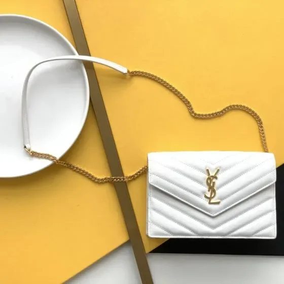 YSL Cassandre Matelass Envelope Chain Wallet White Woc
