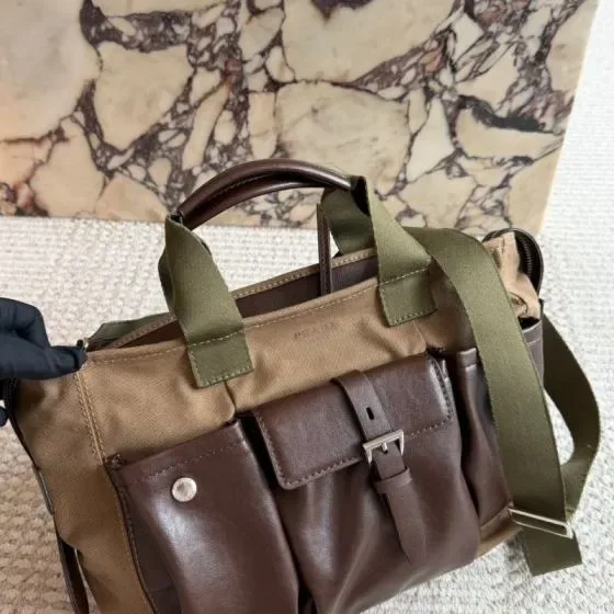 Prada Canvas And Leather Work Tote Khaki Brown Olive Green Top Handle