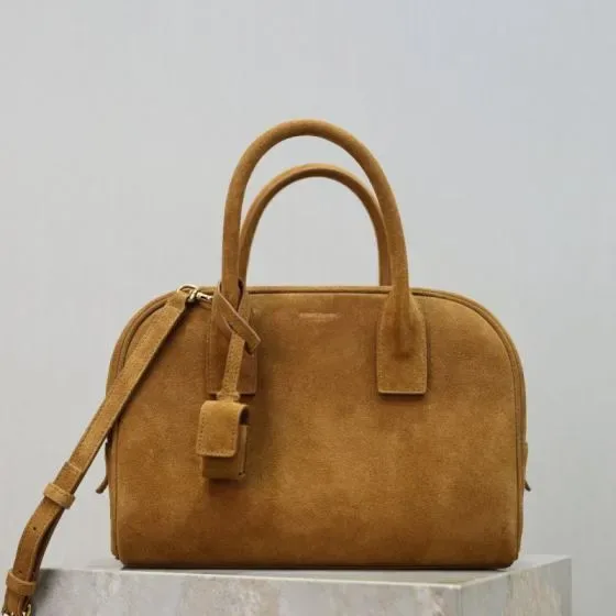 YSL Suede Boston Bag Caramel Brown Top Handle