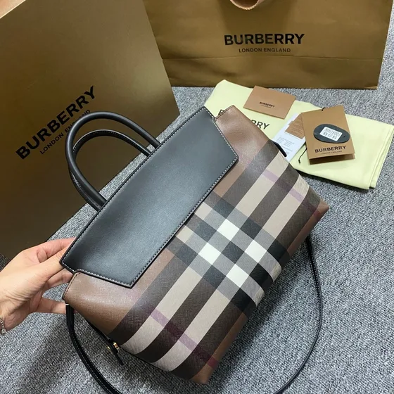 Burberry Banner Tote Black Brown Check Top Handle