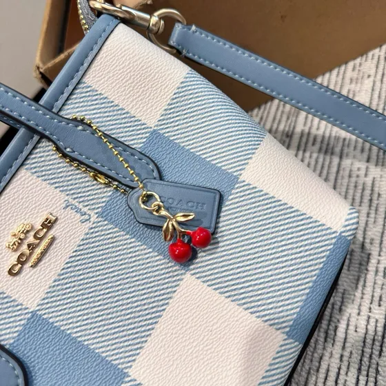 Coach Mini City Tote Light Blau / Schwarz Weiß Gingham Shoppertasche