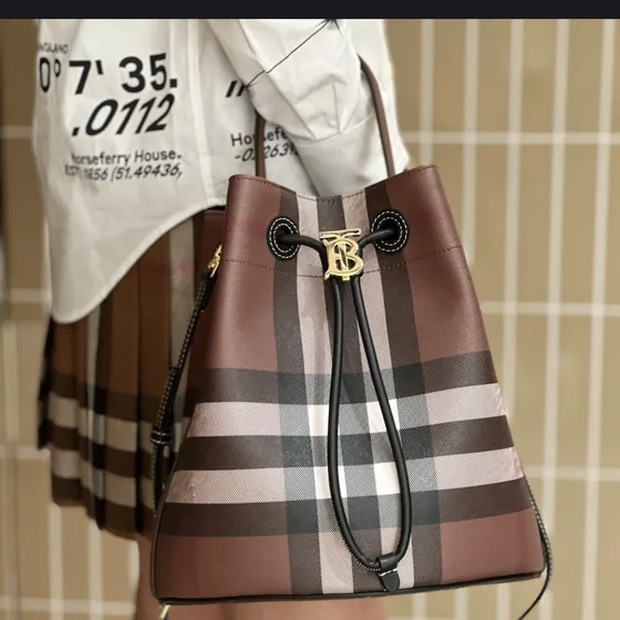 Burberry Check Drawstring Bucket Bag Brown Birch Brown Check Crossbody