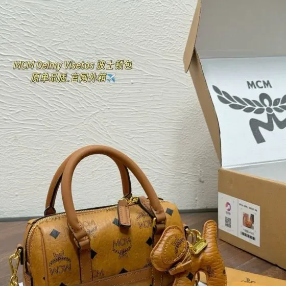 MCM Delmy Visetos Boston Cognac Top Handle