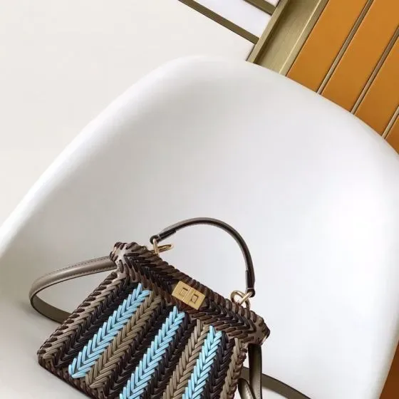 Fendi Peekaboo Iseeu Petite Chevron Woven Multicolor Brown Base Wit Top Handle