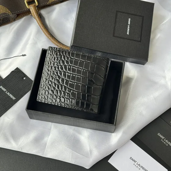 YSL Tiny Cassandre East/West Wallet In Crocodile Embossed Leathe Hitam Wallet