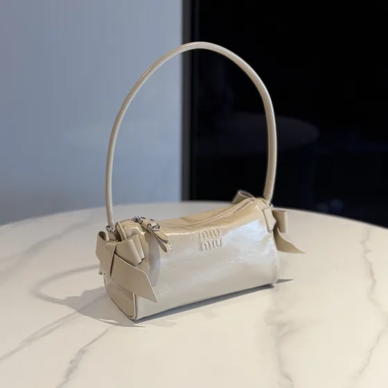 Miu Miu Patent Leather Shoulder Bag With Bows Beige Shoulder Bag