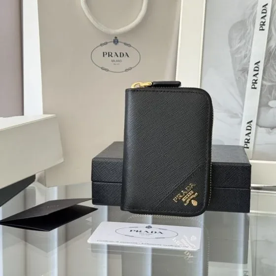 Prada Saffiano Leather Zip Card Holder Black Card Holder