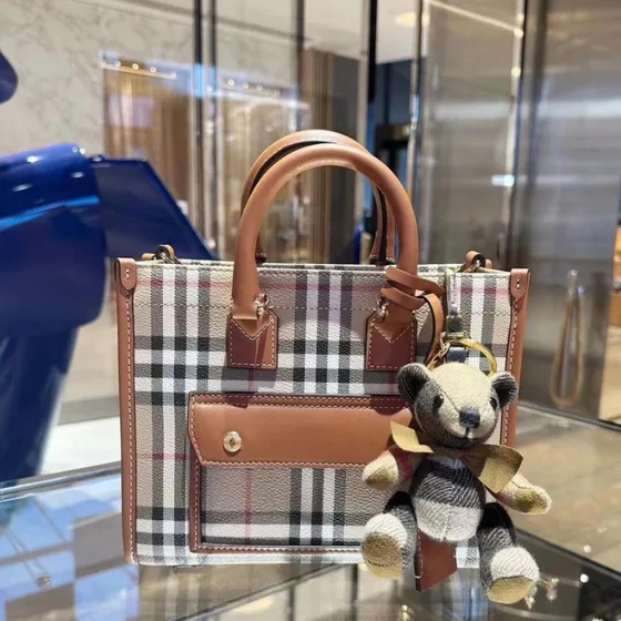 Burberry Mini Vintage Check Canvas Leather Tote Camel Check Coral Pink Top Handle