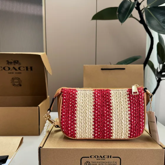 Coach Mini Rowan Crossbody Bag Pearl Strap Striped Straw Version Red White Brown Crossbody