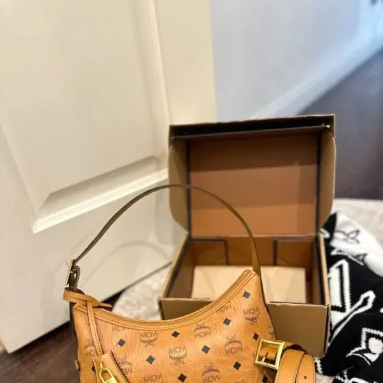 MCM Aren Visetos Hobo Bag Cognac Hobo
