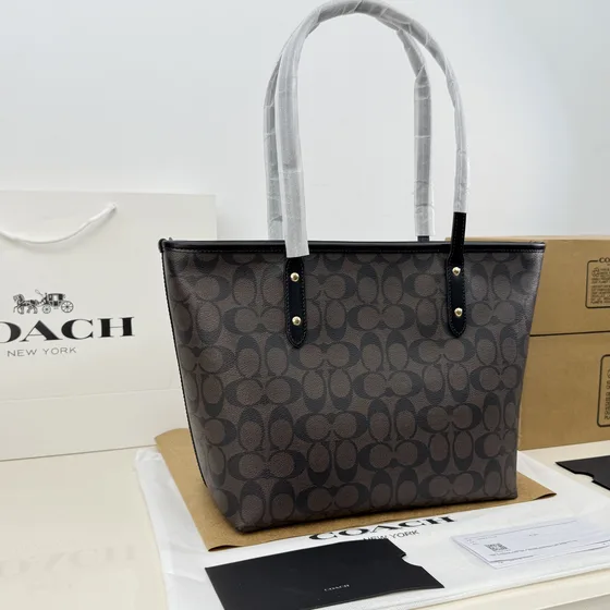Coach City Zip Tote In Signature Canvas Brown Black Tote Bag