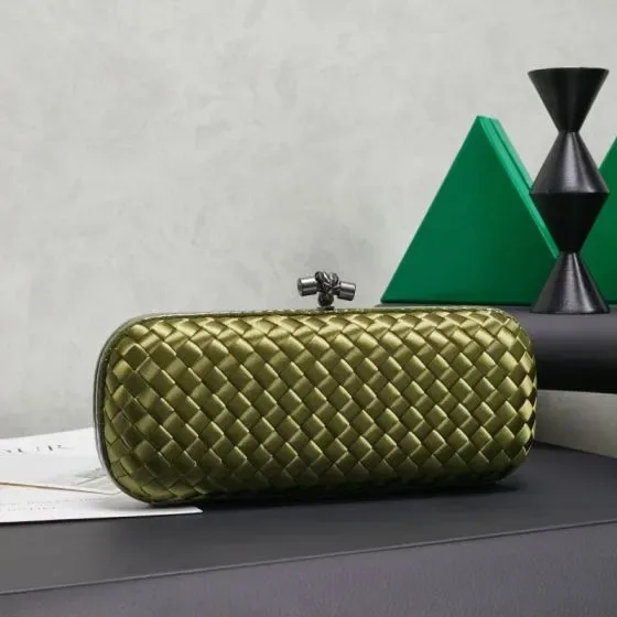Bottega Veneta Intrecciato Satin Knot Clutch Olive Green Clutch