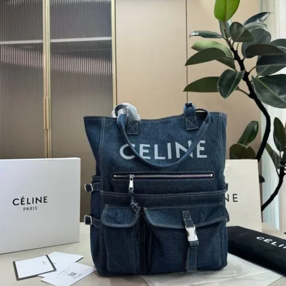 Celine Denim Multi-Pocket Tote Bag Dark Blue Tote Bag