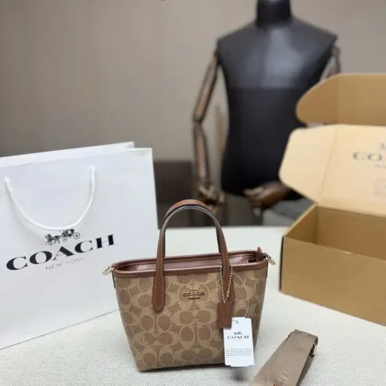 Coach Mini City Tote In Signature Canvas Khaki Saddle Tote Bag