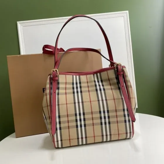 Burberry Horseferry Check Canvas Shoulder Tote Beige Burgundy Shoulder Bag