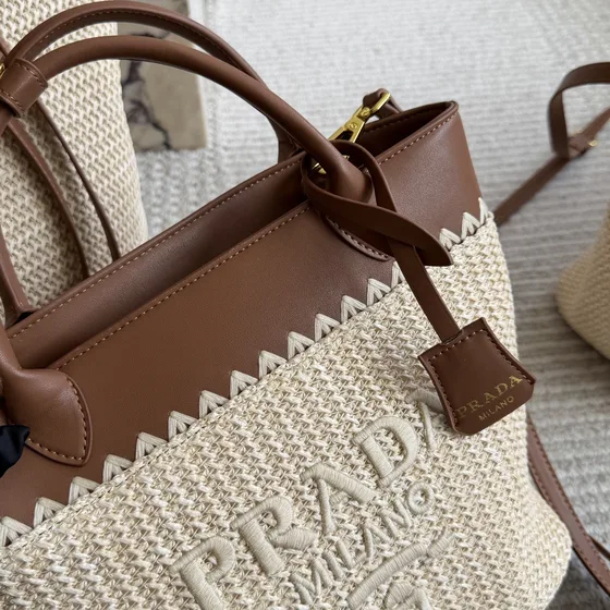 Prada Embroidered Crochet And Leather Top Handle Bag 1Bg538 Beige And Brown Top Handle