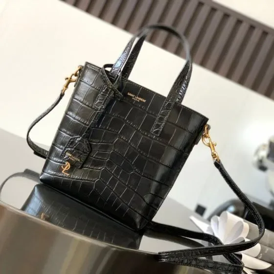 YSL Mini Shopping Bag Crocodile Embossed Black Tote Bag