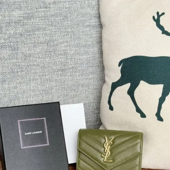 YSL Cassandre Matelass Compact Tri Fold Wallet Olive Green Wallet