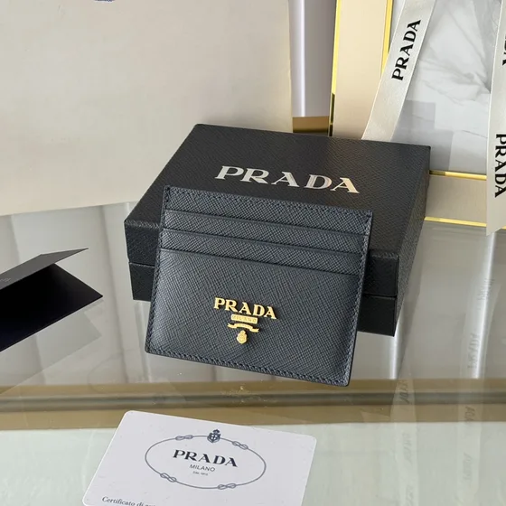 Prada Saffiano Leather Card Holder With Metal Logo Black Card Holder