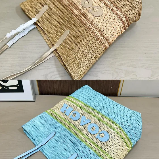 Coach Straw Woven Bolsa tote Khaki/Marrom 32cmx37cm Bolsa tote