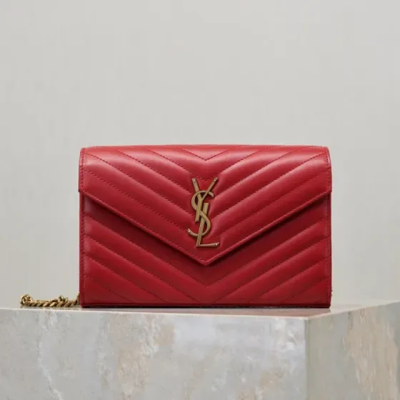 YSL Cassandre Matelass Envelope Chain Wallet Red Woc