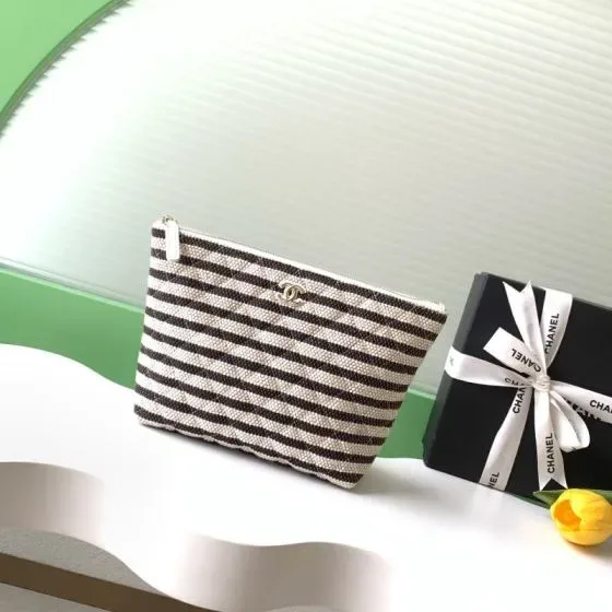 Chanel Classic Pouch Black And White Striped Clutch