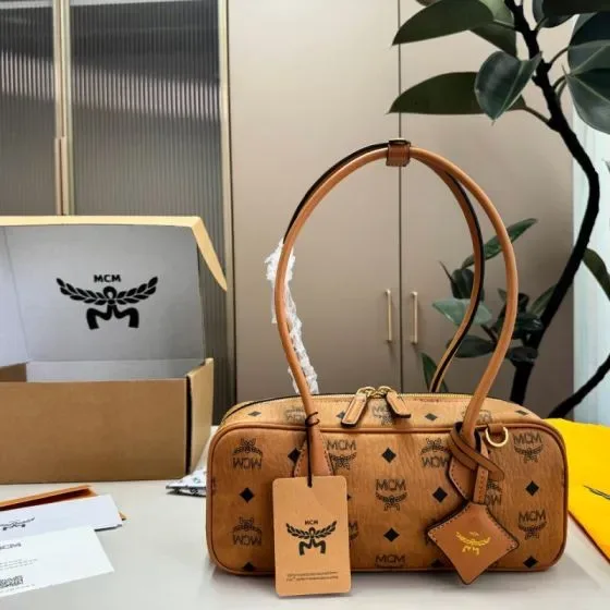 MCM Aren Boston Bag In Visetos Cognac Shoulder Bag